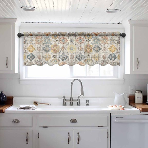 Farmhouse Morocco Valance Curtains for Kitchen/Living Room/Bathroom/Bedroom Window, Boho Abstract Shabby Texture Art Rod Pocket Small Topper Half Short Window Curtains Voile Sheer Scarf 54"x18"
