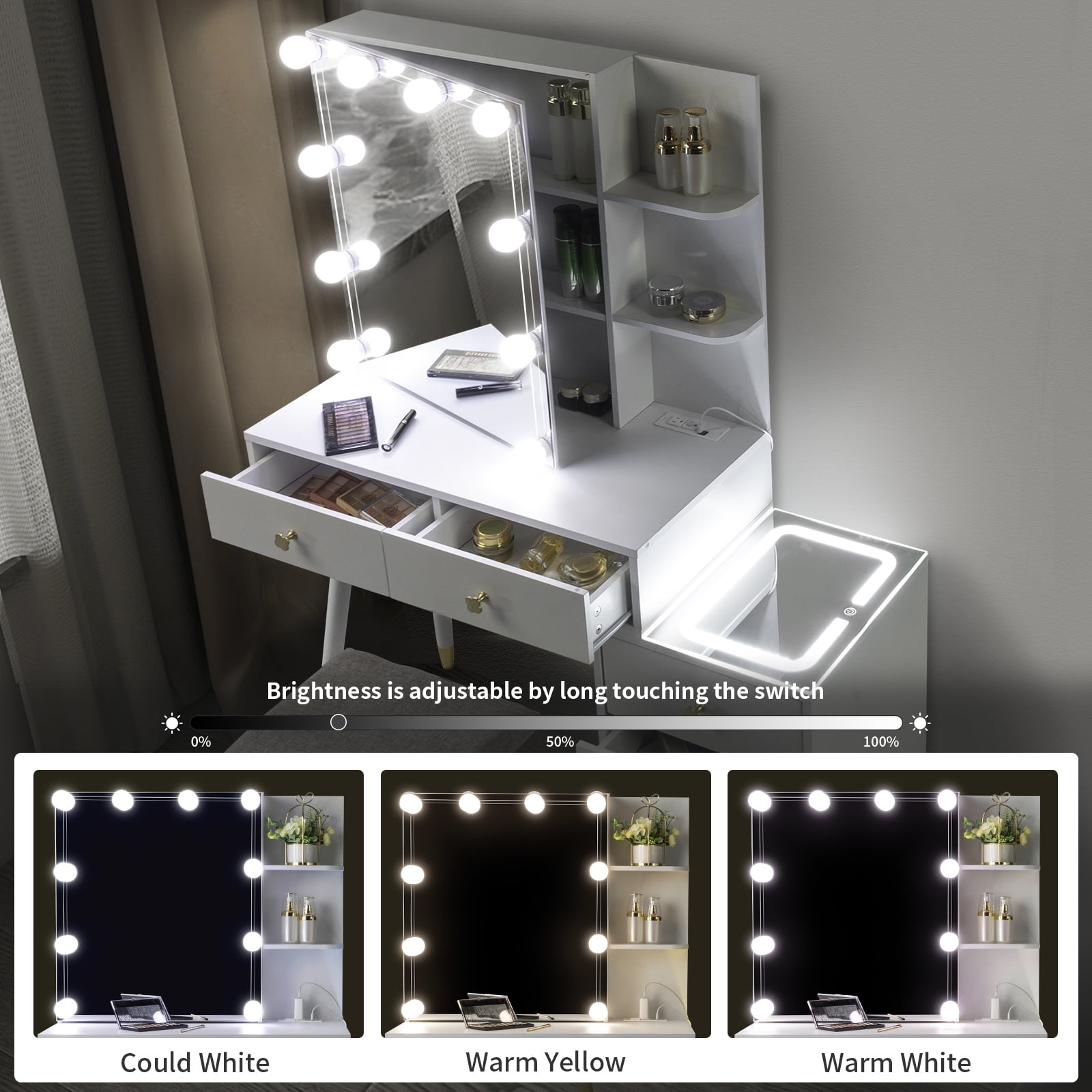 Ktaxon 3 Color Lighted Vanity Table Set, Makeup Table with LED Nightstand, Dressing Table with USB Charging Station, for Women, Female Bedroom, White