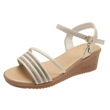 

Cathalem Women s Fashion Sandals Water Diamond Wedge Heel Elastic Belt Breathable Fish Mouth Sandals WH2 40