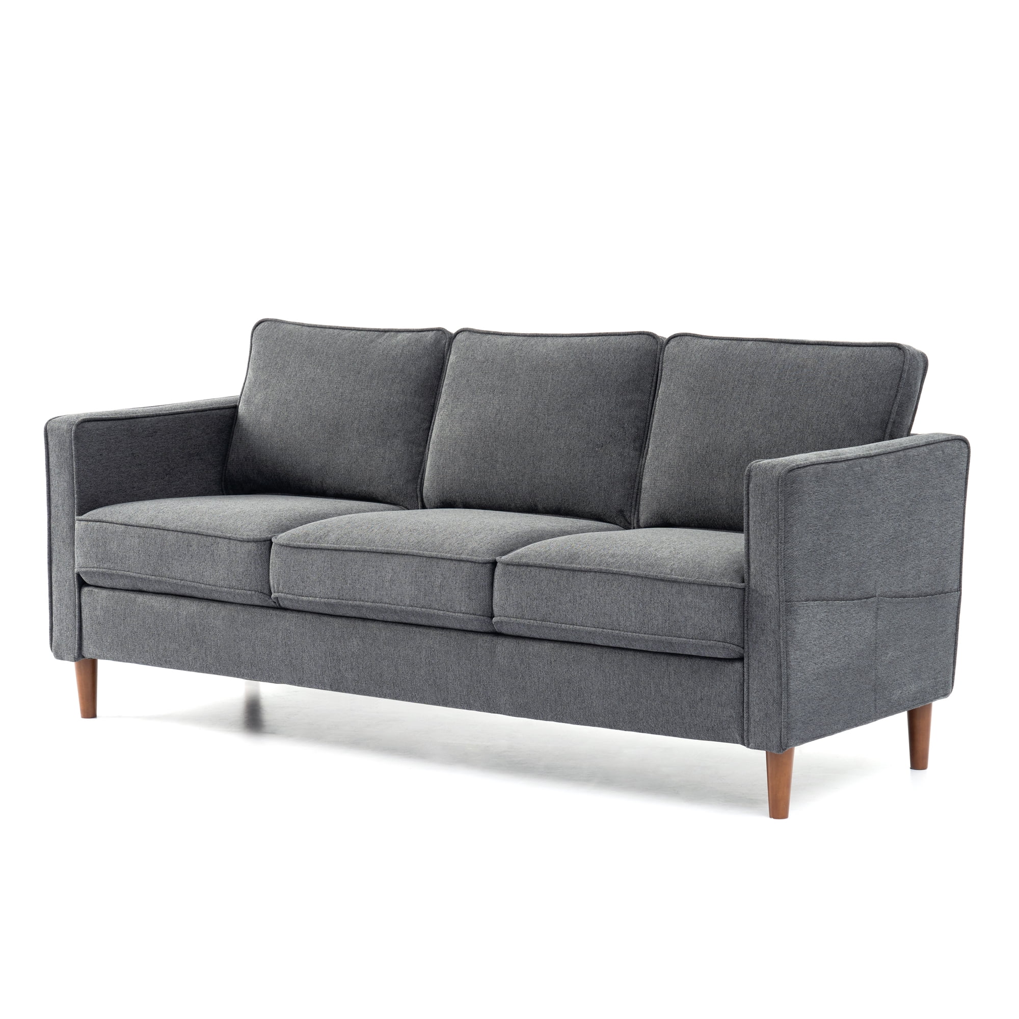 Mellow Hana Modern Upholstered Linen Fabric Sofa with Armrest Pockets, Dark Heather Grey