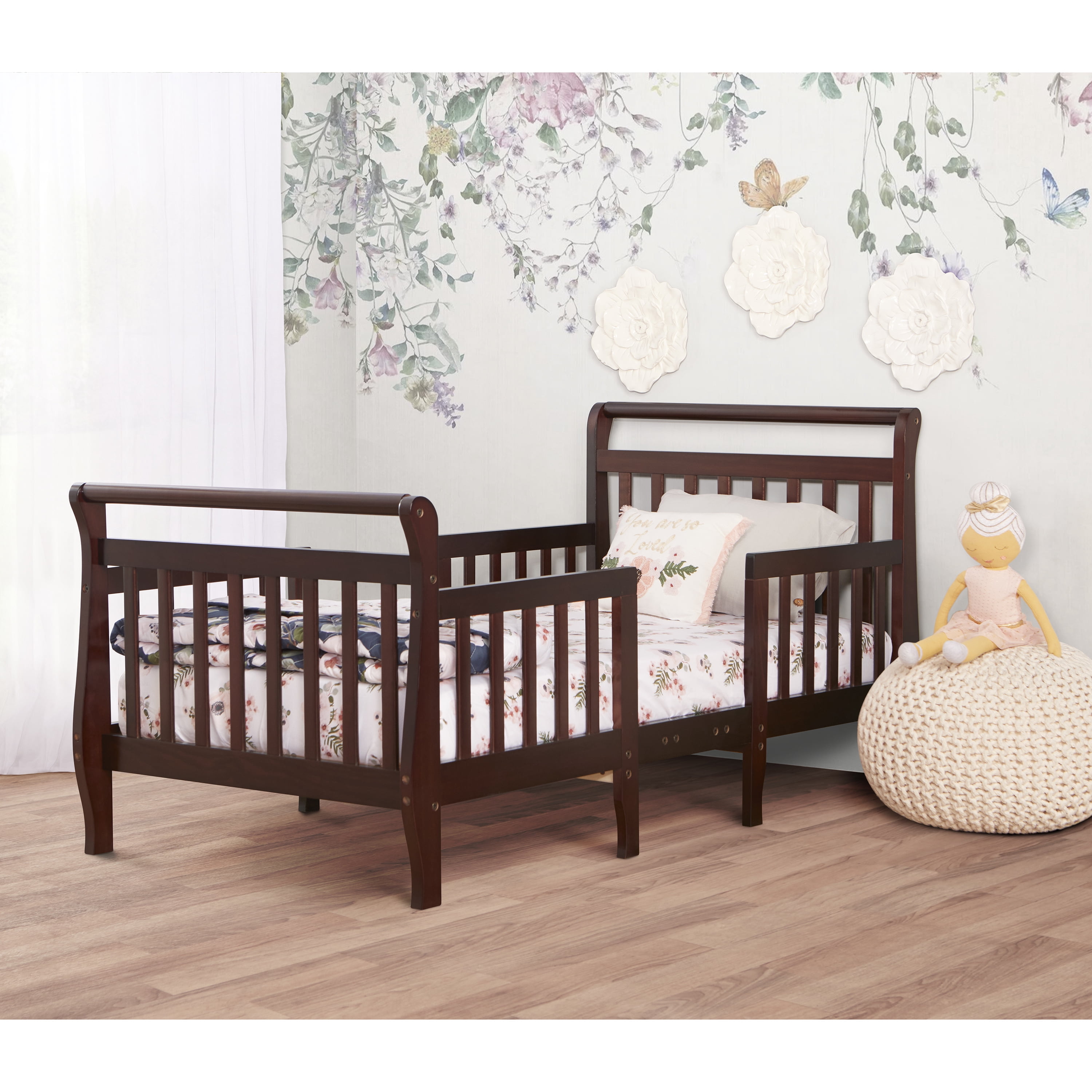 Dream On Me Emma 3-in-1 Convertible Toddler Bed, Espresso, Solid Wood Sleigh Design
