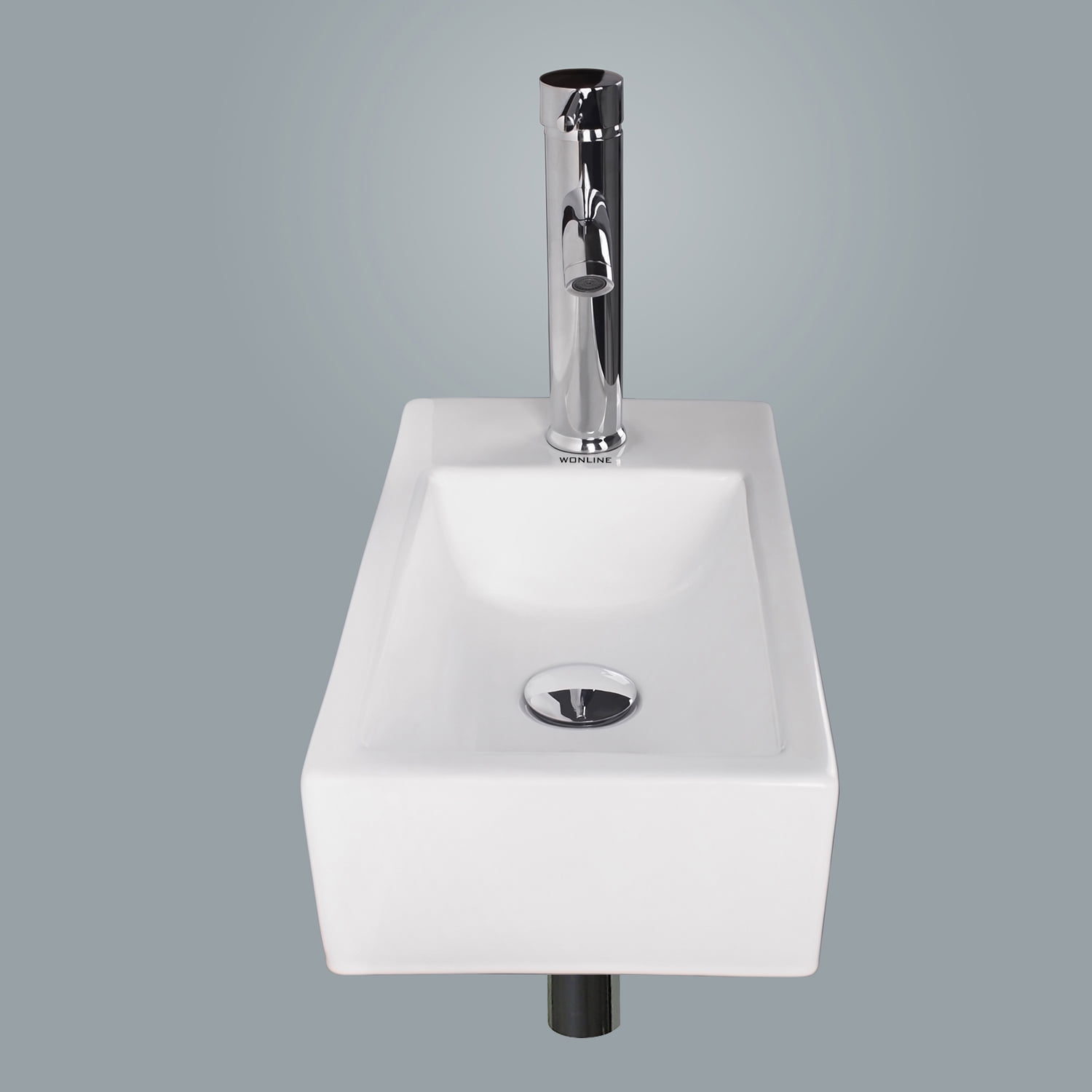 Wonline Bathroom Wall Mount Rectangle Corner Single Sink White Porcelain Ceramic Vessel Sink & Chrome Faucet Combo without P-Trap