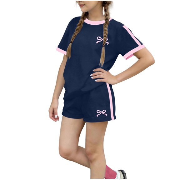 Edvintorg 2 Piece Outfits for Girls Loose Fit Short Sleeve Crewneck Casual Athletic Shirt and Boyshort Kids Clothes Girls Size 3-14