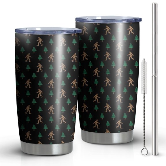 20oz Tumblers Black Bigfoot and Tree Pattern Stainless Steel Vacuum Insulated Double Wall Travel Tumbler Cups Mug with Lid and Straw,Cleaning Brush for Cold & Hot Drinks