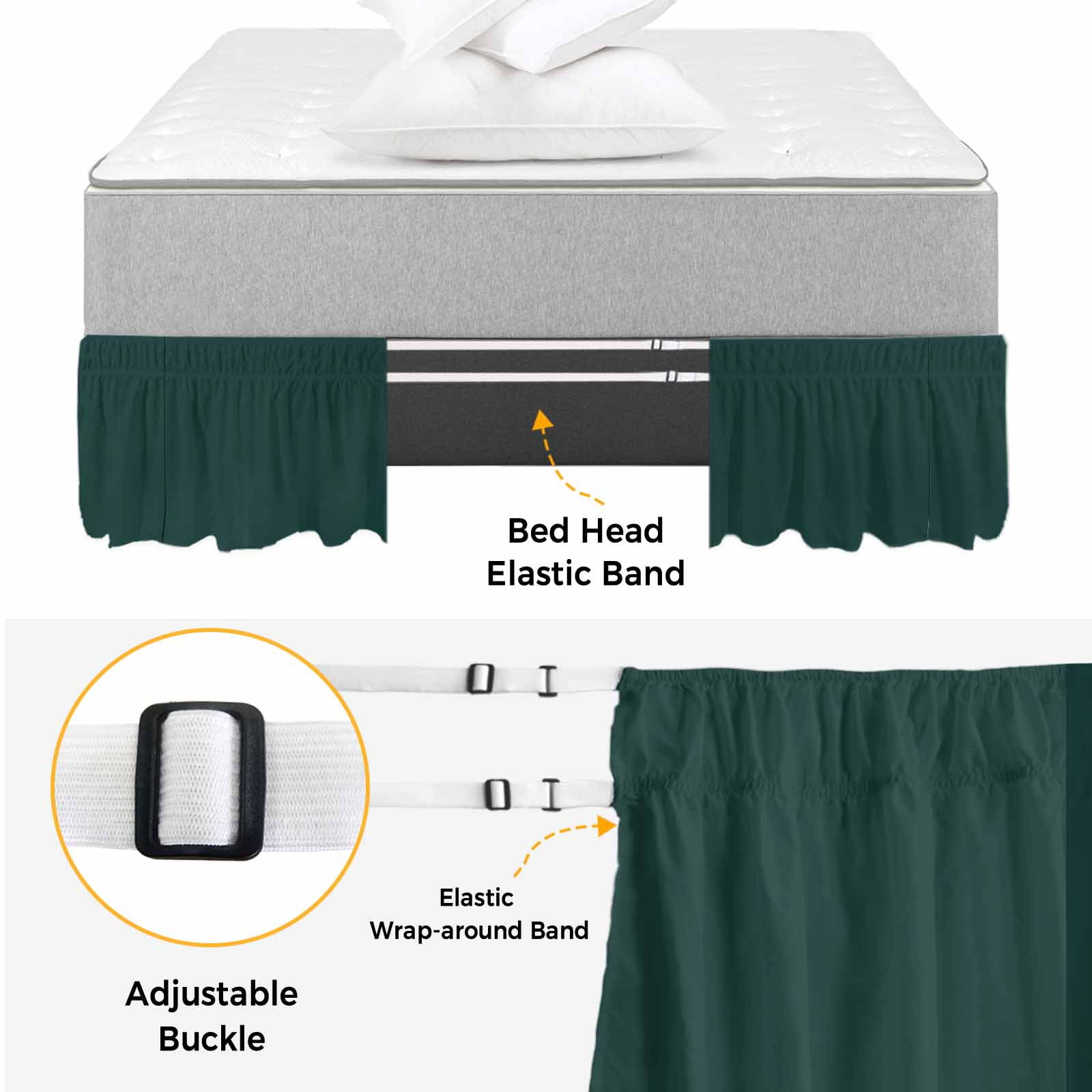 Bed Skirt Solid Color Adjustable Elastic Wrap-Around Dust Ruffle with Deep Green 18 Inch Drop, Bed Frame Cover for Queen Size Bed