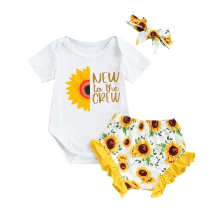 

GRNSHTS Newborn Baby Girls 3PCS Romper Sunflower Short Sleeve Romper Ruffle Shorts Clothes Outfits Set White 6-12 Months
