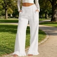 thumbnail image 2 of Cotton Linen Pants for Women High Waist Drawstring Ruffle Hem Wide Leg Pants Casual Vacation Trousers with Pockets, 2 of 7