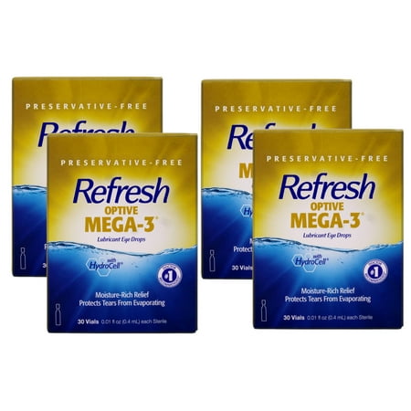 Refresh Optive Mega-3 Lubricant Eye Drops, Preservative-Free, 0.01 fl oz, 30 Vials - 4 Pack