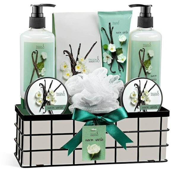 Freida and Joe Warm Vanilla 8 Piece Bath Set Gift Basket Gift Set Care Package for Women and Men