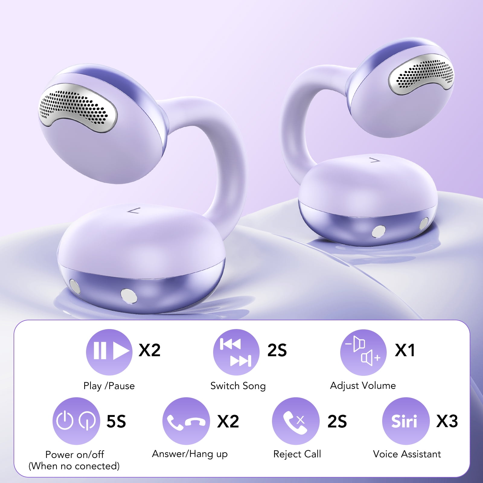 Open Ear Earbuds, Bluetooth Headphones 6.0, Lightweight Comfort Open Ear Clip Wireless Earbuds, 50H Playtime, ENC Clear Calls, Deep Bass, IPX7 Waterproof, Design Fit Running/Workout(Purple)