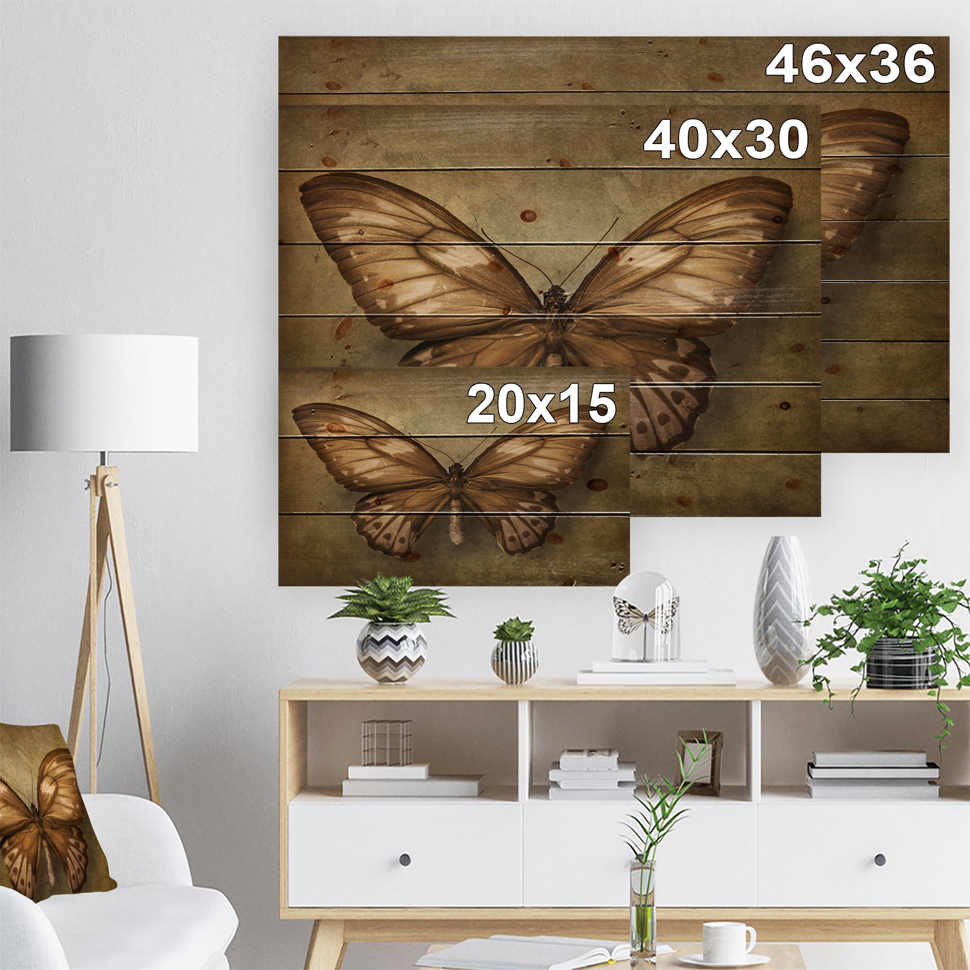 Designart 'Vintage Butterfly' Vintage Painting Print on Natural Pine Wood