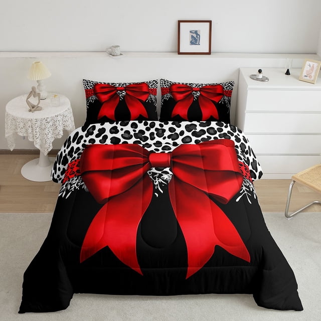 Erosebridal Ensembles de Literie Nœud Rouge Simple avec Couette, Insert de Couette à Imprimé Léopard, Décor de Chambre Cartoon, Réversible 2 Pcs