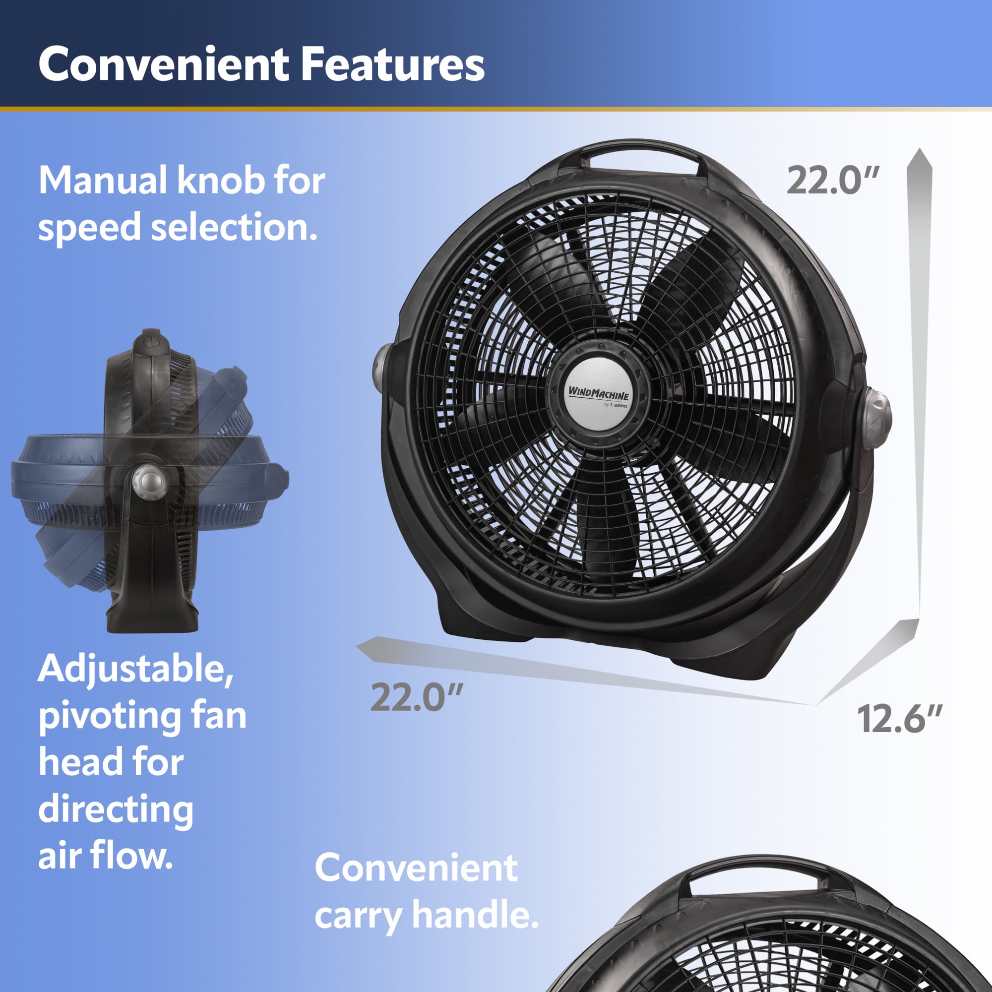Lasko WindMachine 20" Large Floor Fan with Pivoting Head for Whole Room Cooling, 3-Speed  High Performance Air Circulator Fan, Black, A20302