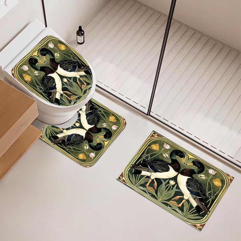 4PCS Vintage Bigfoot Sasquatch Shower Curtain Sets,Funny Animal Bathroom Sets with Non-Slip Rugs,Toilet Lid Cover,Bath Mat,Shower Curtain with 12 Hooks Farmhouse Bathroom Sets Decor