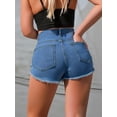 thumbnail image 2 of Women's Mid Waisted Distressed Denim Shorts Frayed Hem Summer Jeans, 2 of 5