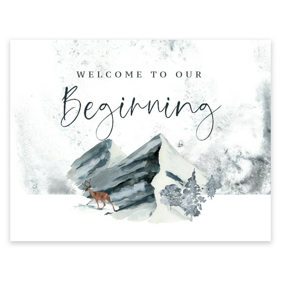 Koyal Wholesale Unframed Winter Snowy Woodland Forest Watercolor Party Sign, Welcome To Our Beginning, 1- Pack