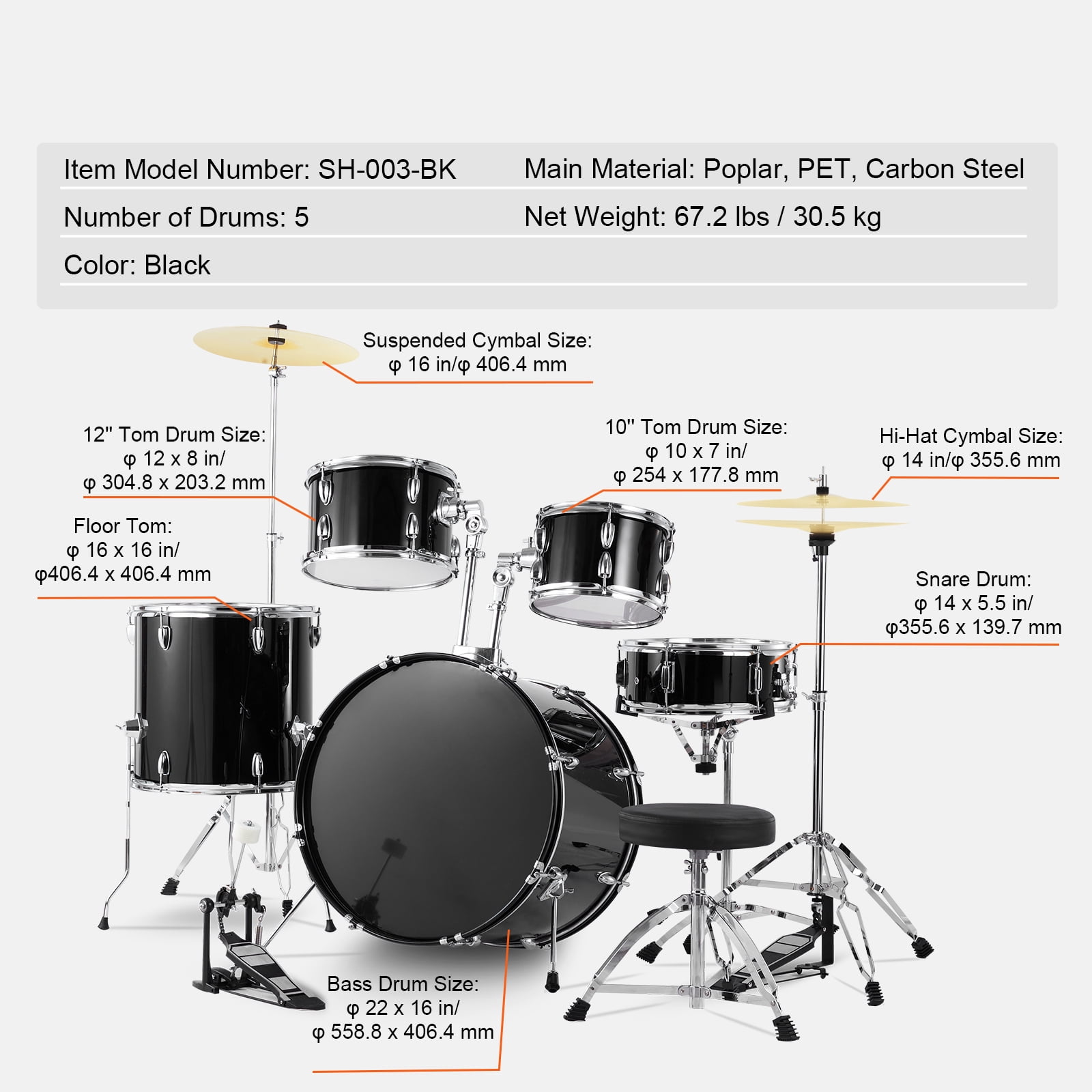 KFFKFF Mature Drum Collection, Quintet, 22-inch Comprehensive Large Drum Ensemble with Bass, Toms, Snare, Ground Drum, Modifiable Stool, Stands, Cymbal, Hi-Hat Pedal, and Drumsticks