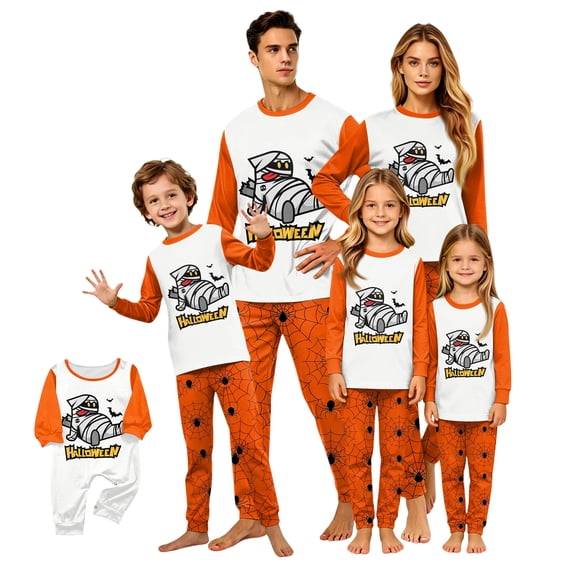 HTHLVMD Halloween Pajamas, Family Halloween Pajamas, Halloween Matching Family Pajamas Orange Bat Print Long Sleeve Two Piece Pj Set Spooky Sleepwear Nightwear Loungewear Vampire Holiday Photos