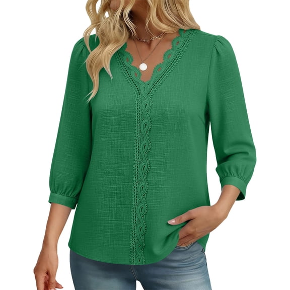Warop 3/4 Length Sleeve Womens Tops Solid Hollow Out V-Neck Blouses Summer Casual Business Shirts