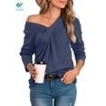 thumbnail image 2 of Deago Women's Long Sleeve V Neck T Shirt Twist Cross Knot Tunic Tops Casual Loose Fitted Blouse (Blue, 2XL), 2 of 9