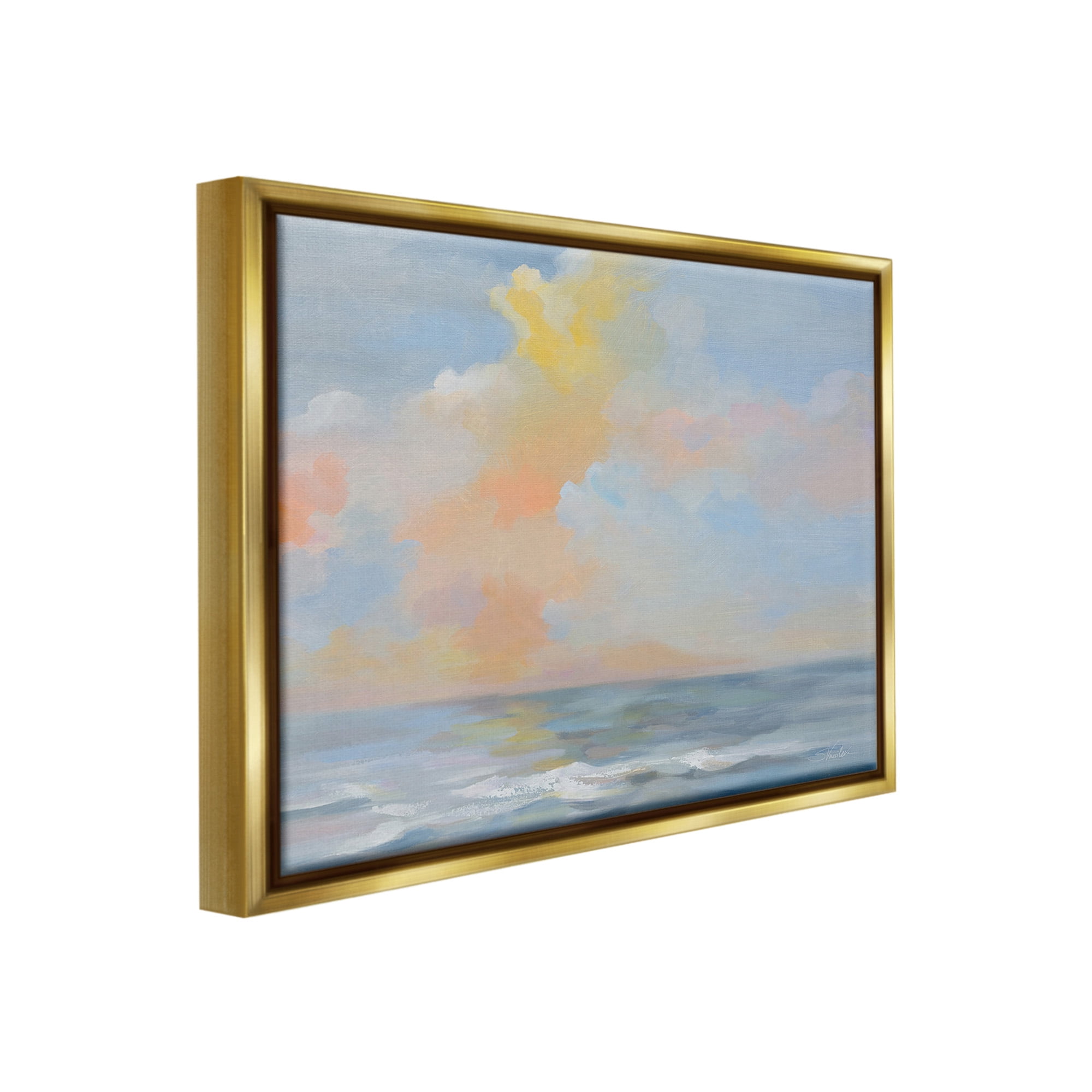 Stupell Industries Sea & Pastel Clouds Landscape Painting Gold Floater Framed Canvas Art Print Wall Art, 21 x 17