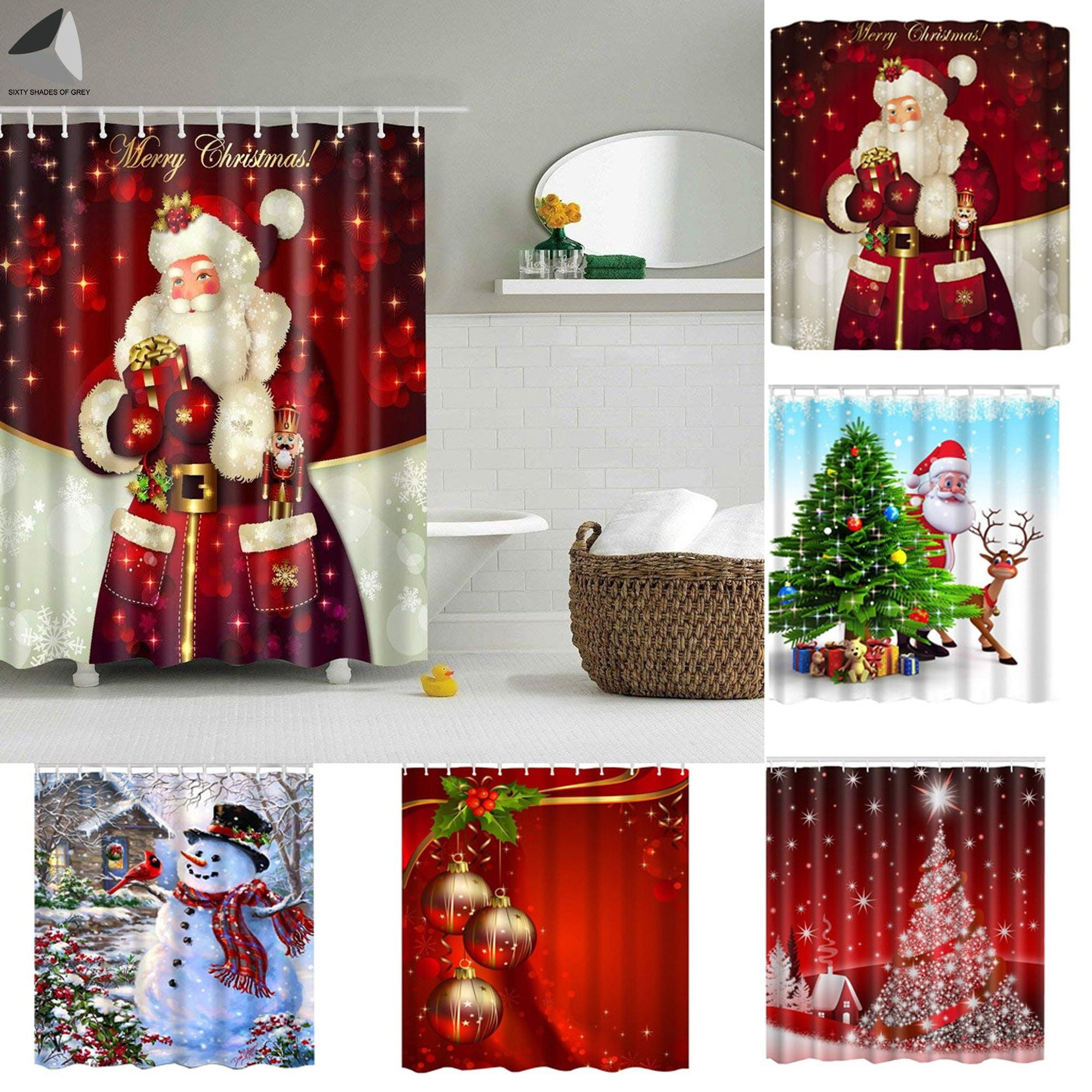 Christmas Ornaments Balls Red Green Polyester Shower Curtain Holiday Bathroom 