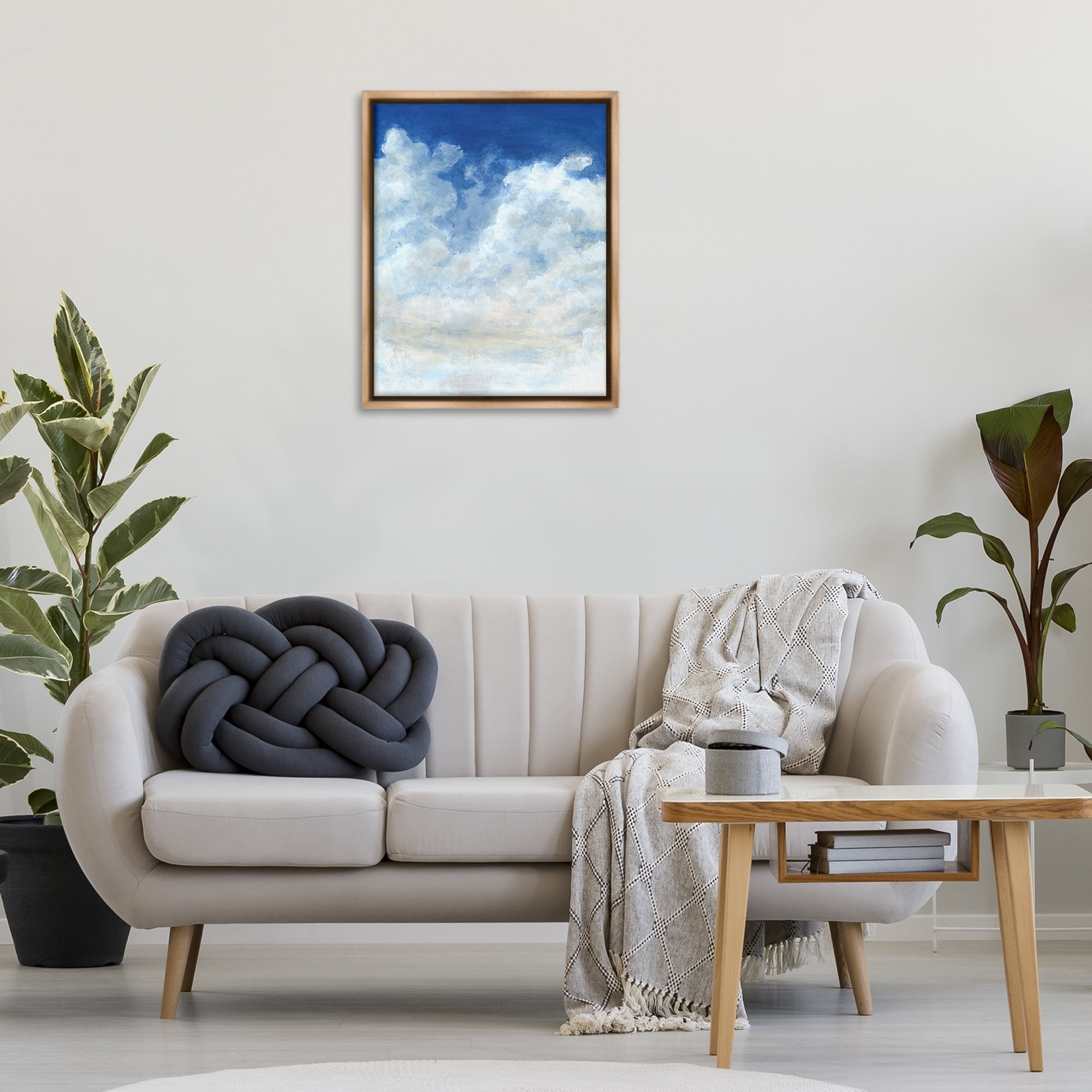Stupell Industries Full Clouds in Blue Sky Landscape & Nature Painting Brown Floater Framed Canvas Art Print Wall Art, 25 x 31
