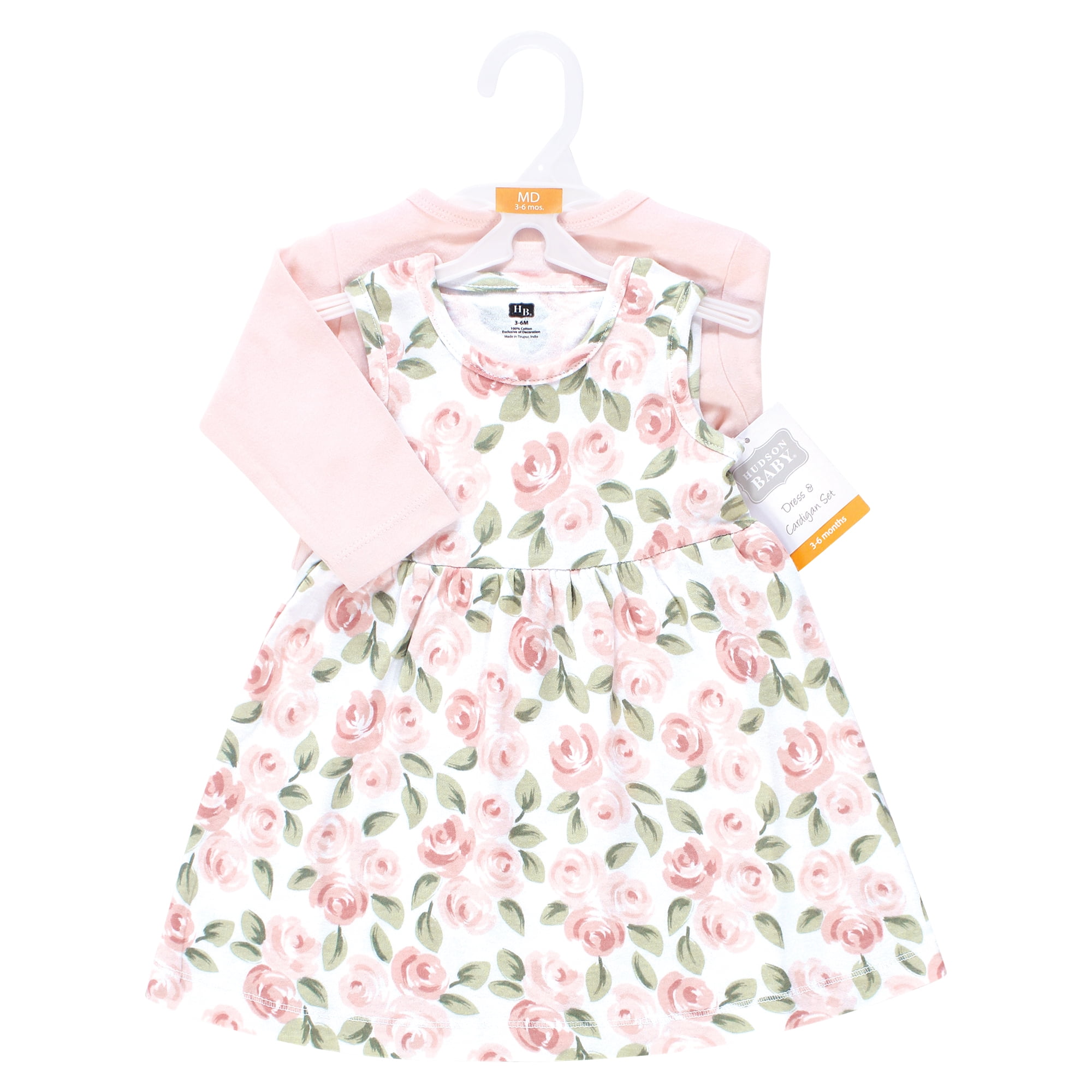 Hudson Baby Infant and Toddler Girls Cotton Dress and Cardigan Set, Blush Pink Floral, 18-24 Months