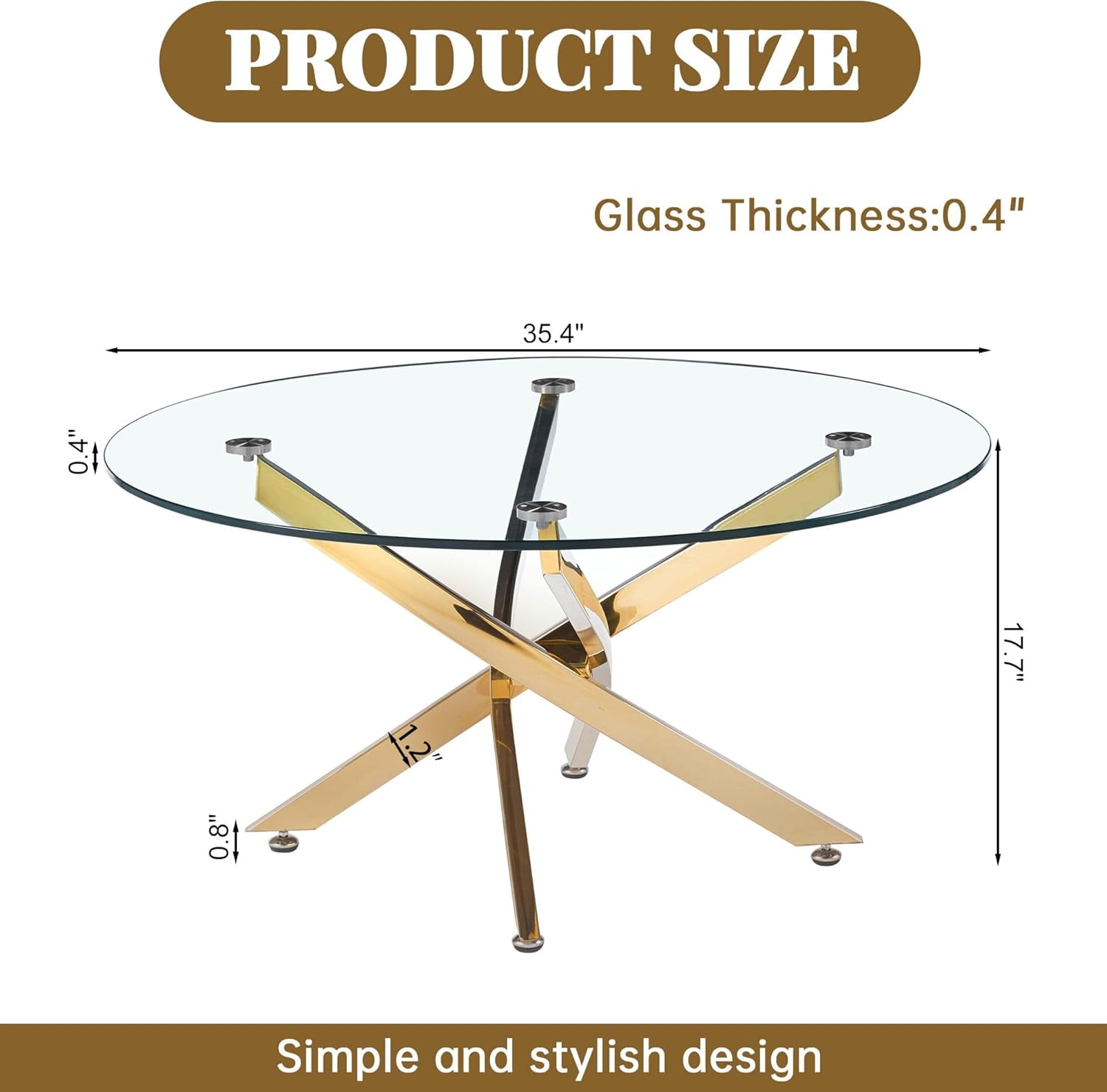 35" Round Glass Coffee Table, 0.39" Tempered Glass Top and Polished Stainless Steel Cross Legs, Modern Style for Living Room, Lounge