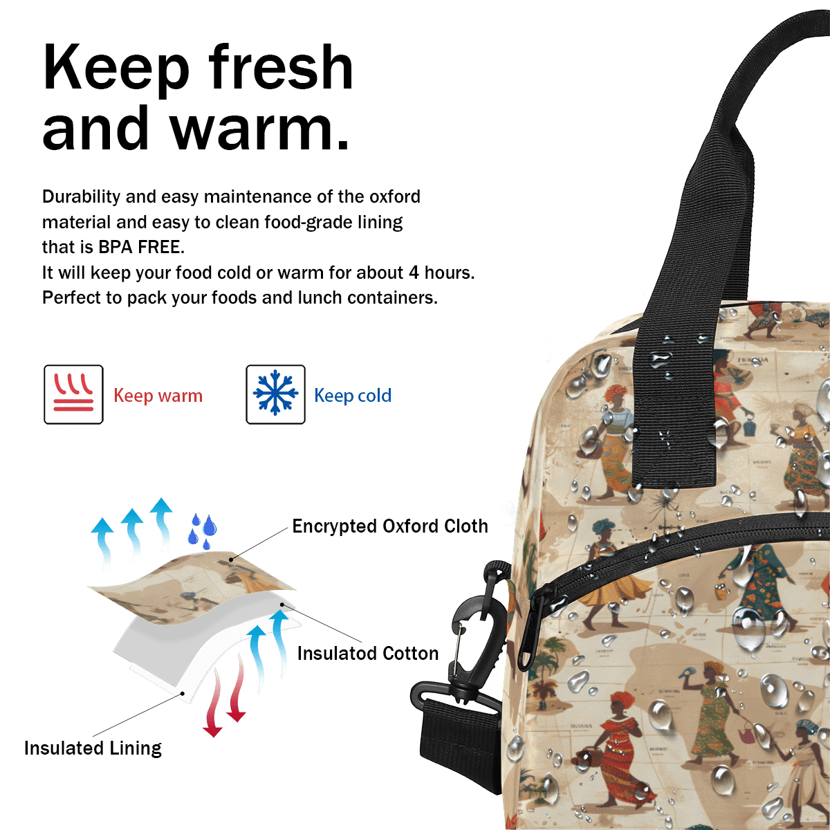 Herdesigns African American Insulated Lunch Bag for Women Men Adults Large Reusable Lunch Box Black Woman Leakproof Cooler Tote Bags with Adjustable Shoulder Strap