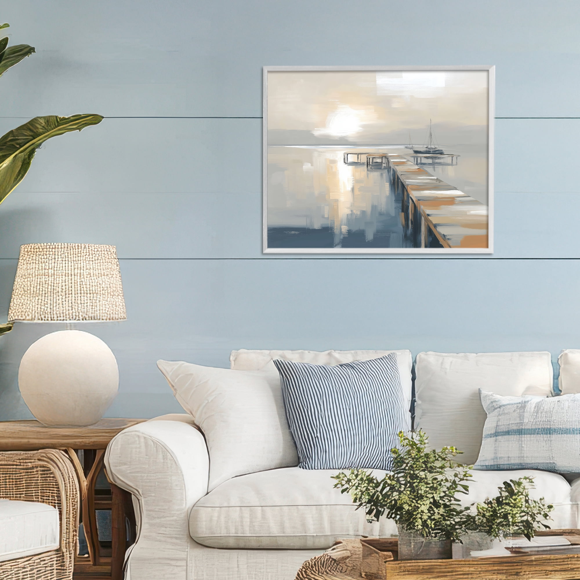 Stupell Industries Pier with Sailboat Seascape White Framed Giclee Art, design by Kim Curinga