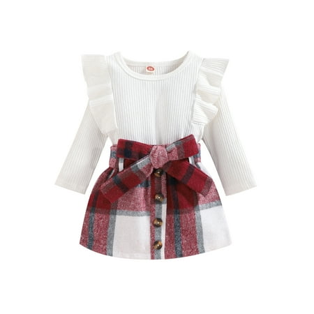 

Canrulo Toddler Baby Girls Fall Winter Outfits Long Sleeve Knitted Ruffle Pullover Tops Belted Plaid Skirt 2Pcs Set White 18-24 Months