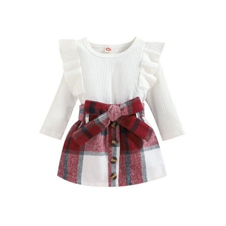 

Toddler Baby Girls Fall Winter Outfits Long Sleeve Knitted Ruffle Pullover Tops Belted Plaid Corduroy Skirt 2Pcs Set