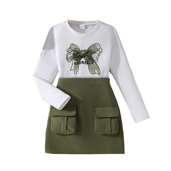 FYDUU Girls Skirt Set Fall Clothes Long Sleeve Bow Print T-Shirt Crop Top and Skirt Two Piece Outfit Fashion Girls Outfits Sets 11-12 Years