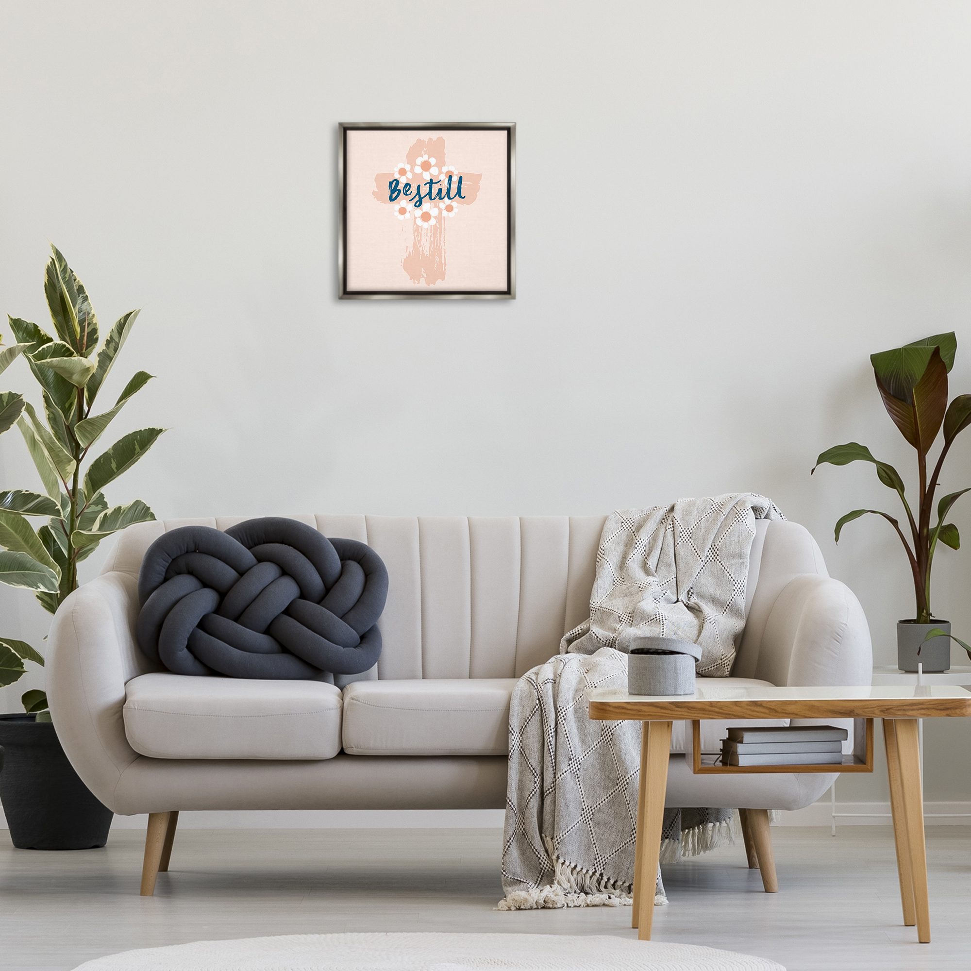 Stupell Industries Be Still Pastel Cross Religious Painting Gray Floater Framed Art Print Wall Art, 18 x 18