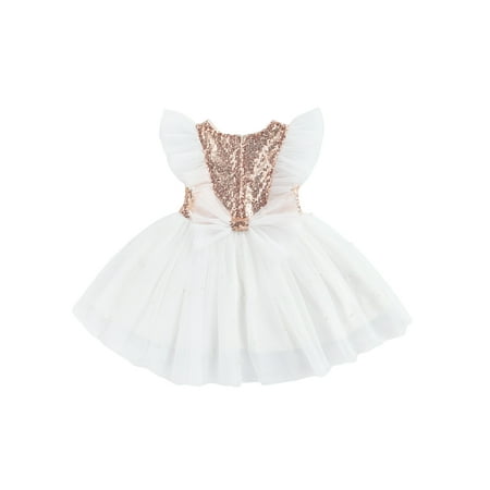 

BrilliantMe Girls Patchwork Princess Dress Fly Sleeve Sequin Pearl Tulle One-piece Dress Gold 6-12 Months