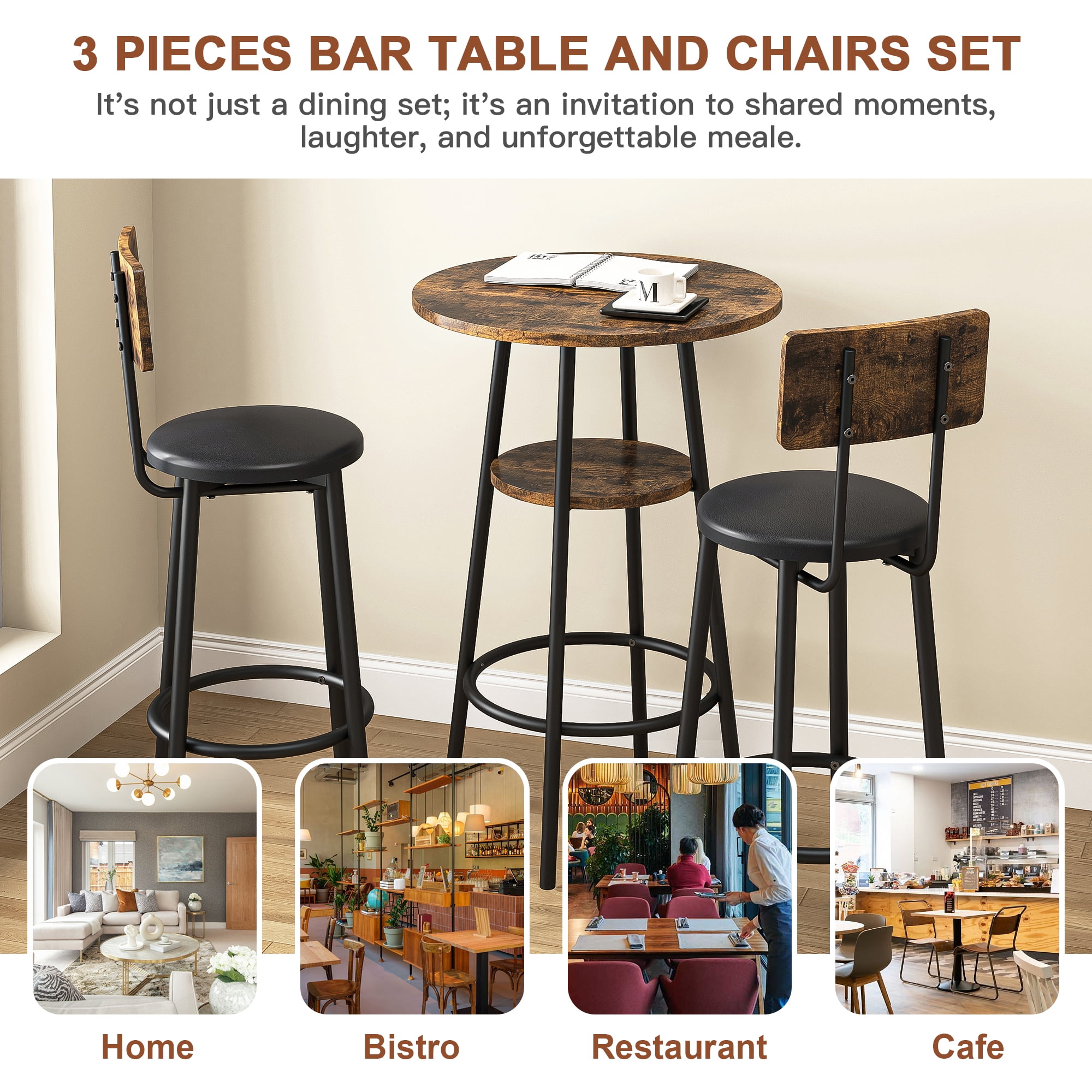 Hommoo 3-Piece Dining Round Table and Chairs Set, Industrial Pub Table Set Kitchen Table and 2 Stools on Breakfast Nook, Rustic Brown