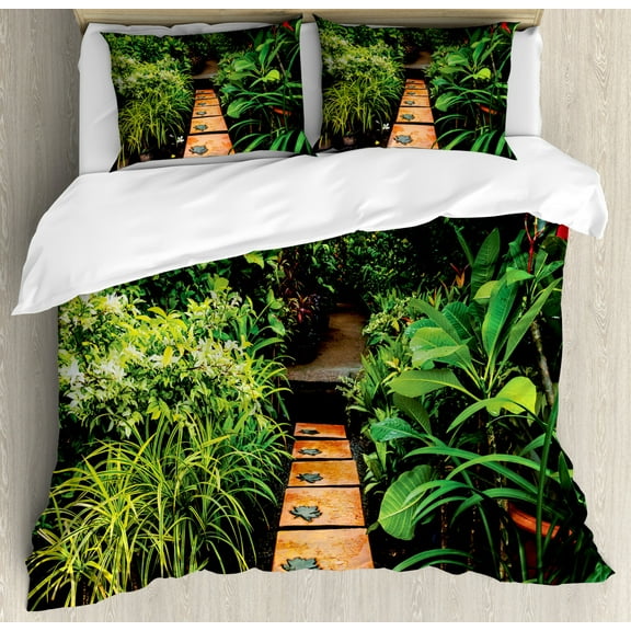 Zen Garden King Size Duvet Cover Set, Lush Garden with Tropical Plants and Wooden Path Tranquility Harmony Theme, Decorative 3 Piece Bedding Set with 2 Pillow Shams, Green Pale Brown, by Ambesonne