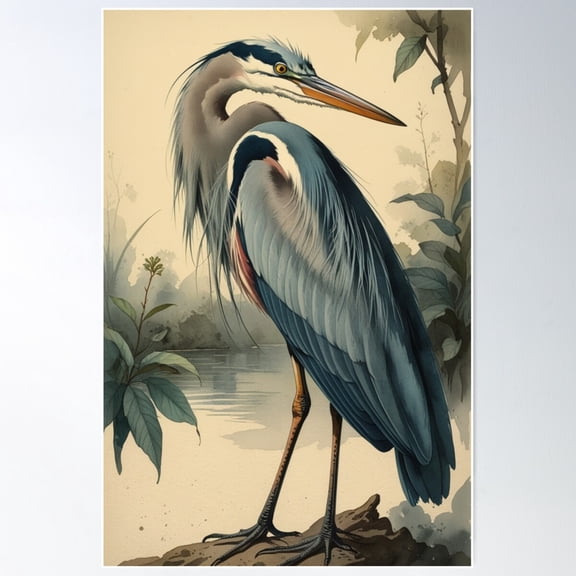 Vintage Blue Heron - Elegant Nature-Inspired Art Poster Wall Art, Modern Wall Decor For Living Room Bedroom, 8x12 UNFRAMED