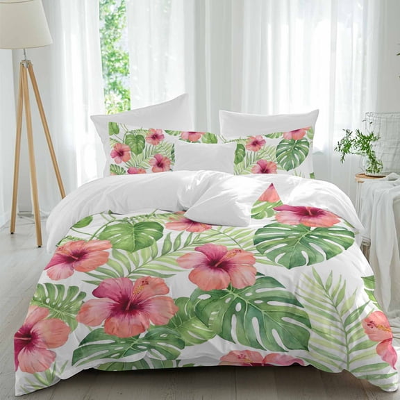 Pink Hibiscus Comforter Set Twin Size, Boho Summer Monstera Leaf Tropical Soft Bedding Set for Man Woman, 4 Pieces Duvet Cover Set with Flat Sheet, 2 Pillowcases
