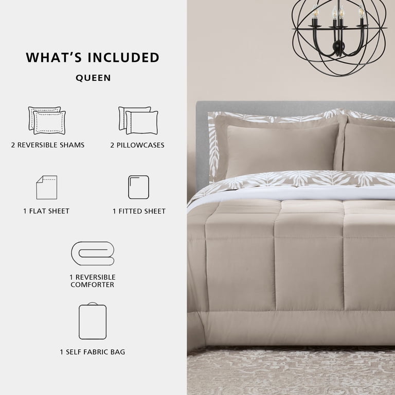 Mainstays Reversible 7-Piece Queen Bed in a Bag, Beige Palm photo 2