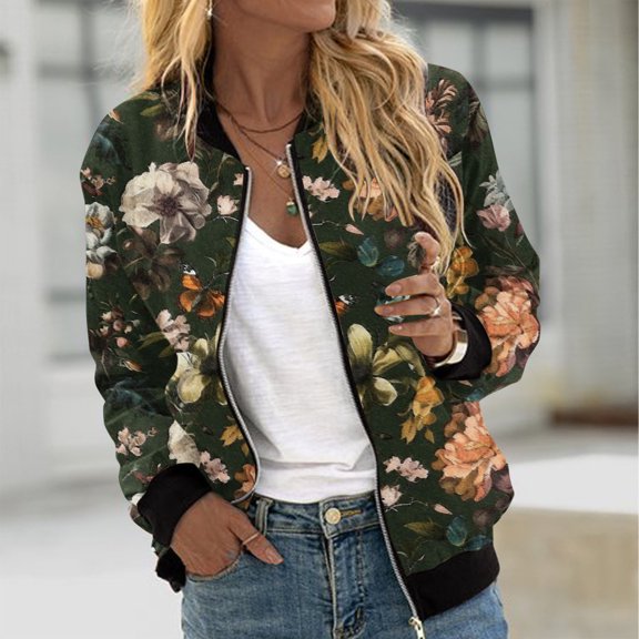Hvyesh Womens Full Zip Bomber Jackets Trendy Floral Print Jackets Regular Fit Long Sleeve Moto Biker Coats with Pockets Black