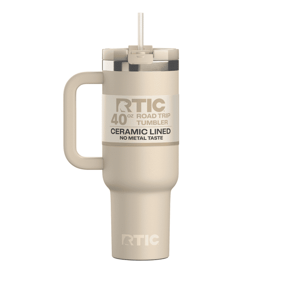 RTIC 40 oz Ceramic Lined Road Trip Tumbler, Leak-Resistant Straw Lid, Beach