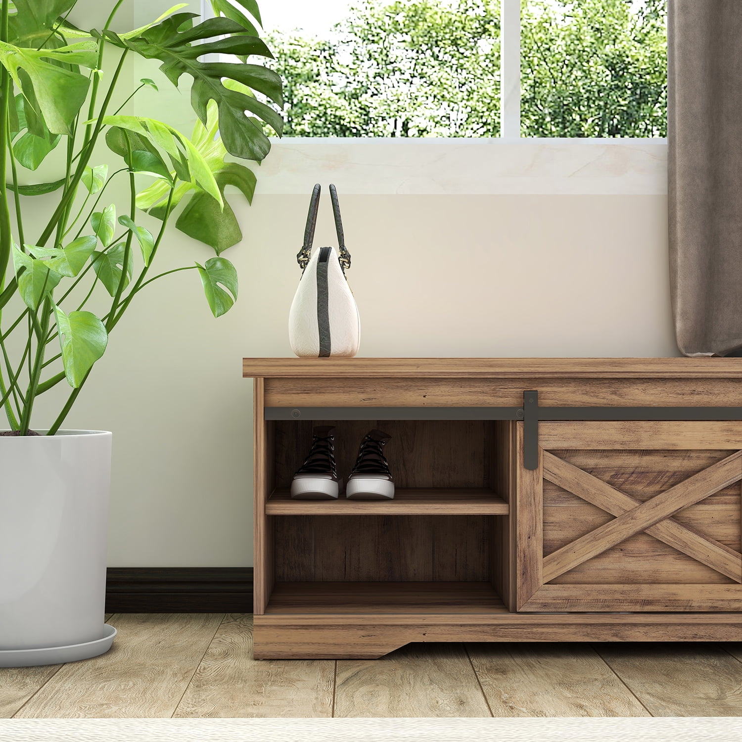 Kadyn 47 Inch Modern Farmhouse Sliding X Barn Door Litterbox Bench, Particle Board Shoe Bench with Entry Cutout, Light Brown Bench for Entryway Bedroom Kadyn 47 Inch Modern Farmhouse Sliding X Barn Door Litterbox Bench, Particle Board Shoe Bench with Entry Cutout, Light Brown Bench for Entryway Bedroom