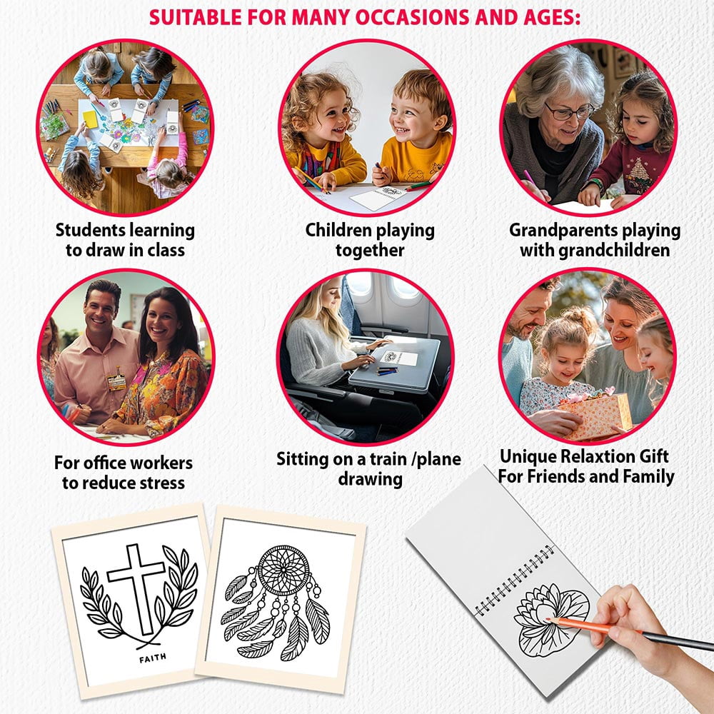 Minimalist Mini Coloring Book Spiral Bound for Adult, Pack 6, 3.5” x 3.5” Pocket Size, 40 Coloring Pages Stress & Anxiety Relief, Travel for Women Men
