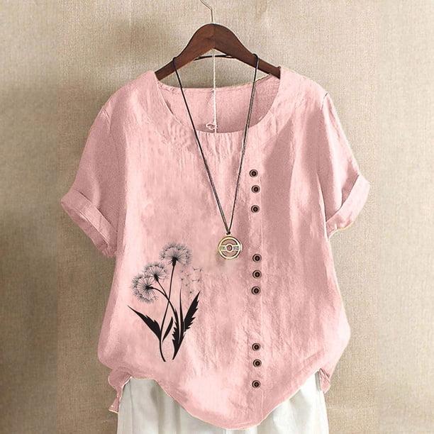 Karight Womens Cotton Gauze Shirt Dandelion Print Summer Beach Blouse Short Sleeve Casual Loose Comfy Tunic Tops Plus Size