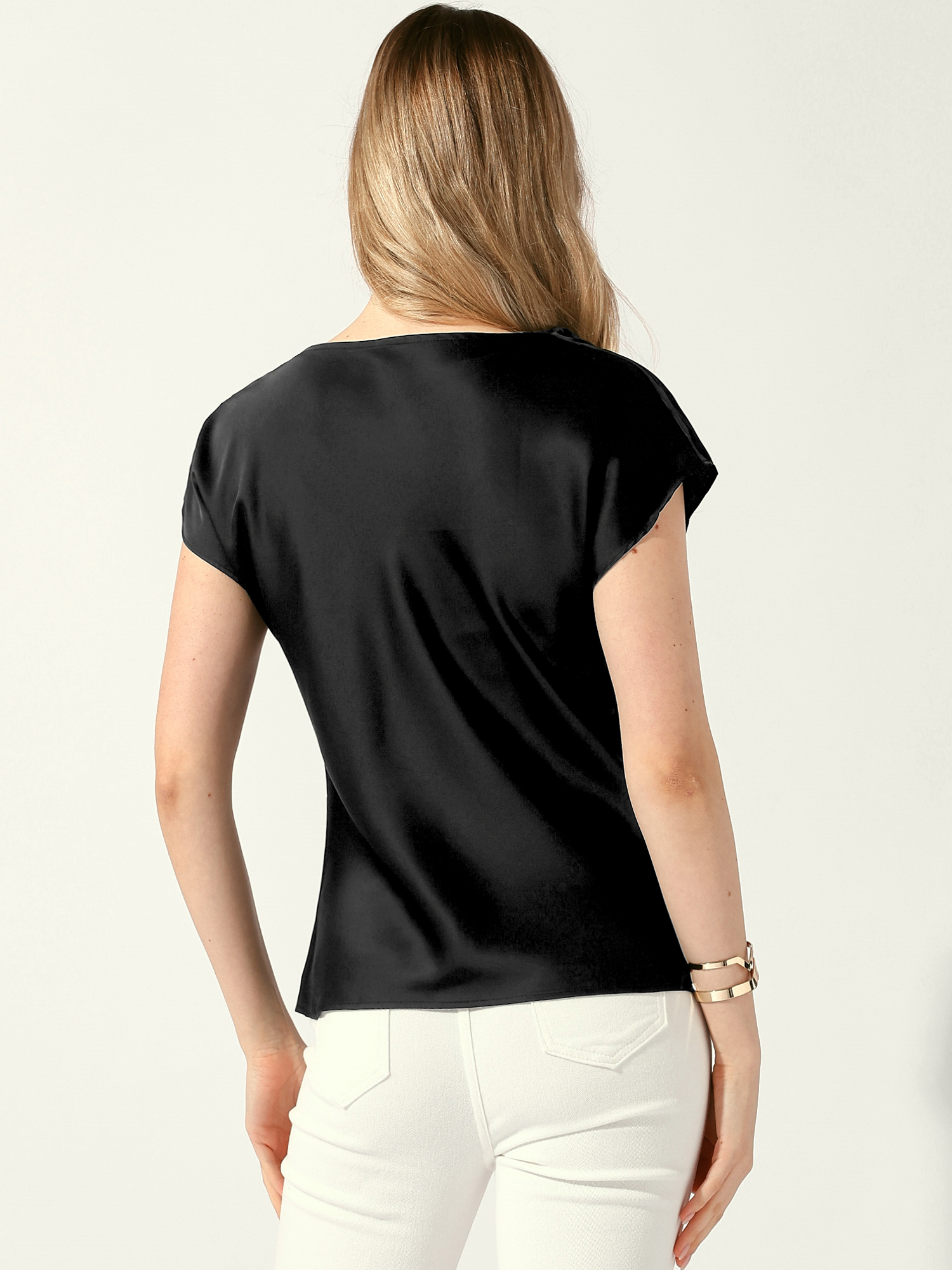 DARING DIVA Women's Satin Cowl Neck Short Sleeve Casual Blouses S Black