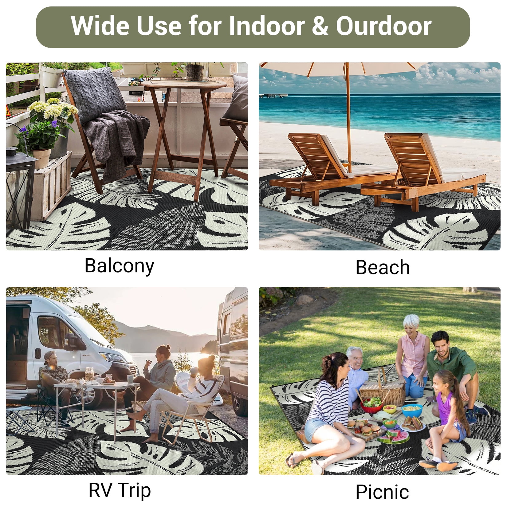 Haperlare 9'x12' Waterproof Outdoor Plastic Straw Rug, Modern Tropical Leaf Woven Carpet Reversible Patio Rug RV Camping Mat, Portable Outside Carpet for Deck Porch Yard Garden Balcony, Black Beige
