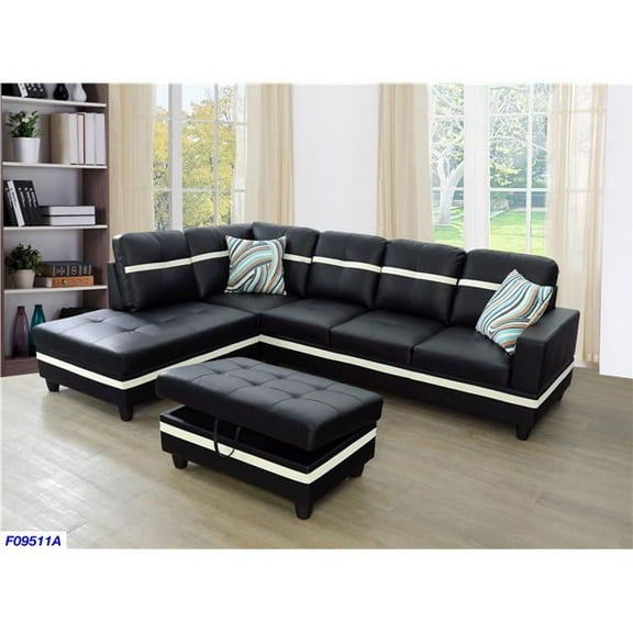 Golden Coast Furniture F09511A Sectional Sofa Set Black with White Stripes - 3 Piece