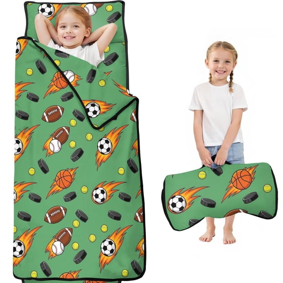 Football and Hockeyball Green Pattern Teens Toddler Nap Mat with Pillow, Sleeping Mat Bag for Preschool Daycare 59"x22"